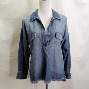 Rosa Cha Blue Chambray Fringe Pullover Tunic Size Small